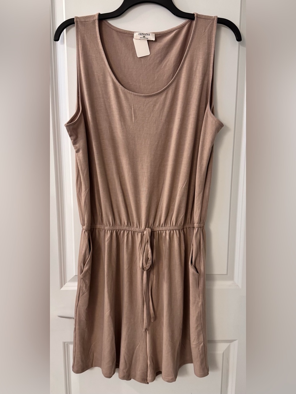 #2138 - ZENANA Sleeveless Shortie Romper Pockets Drawstring Waist Soft Tan Latte